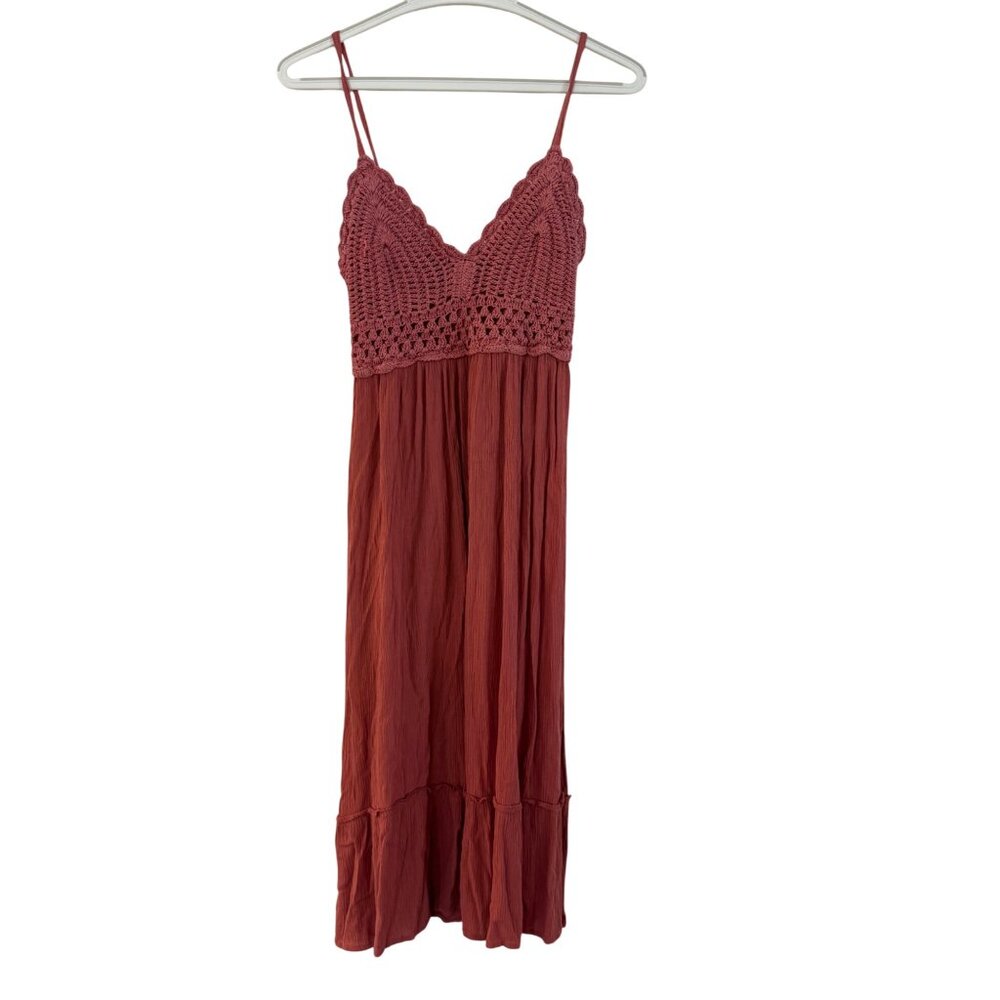 Anthropologie Boho Crochet Panel Spaghetti Strap Dress Womens Size M Rust Red